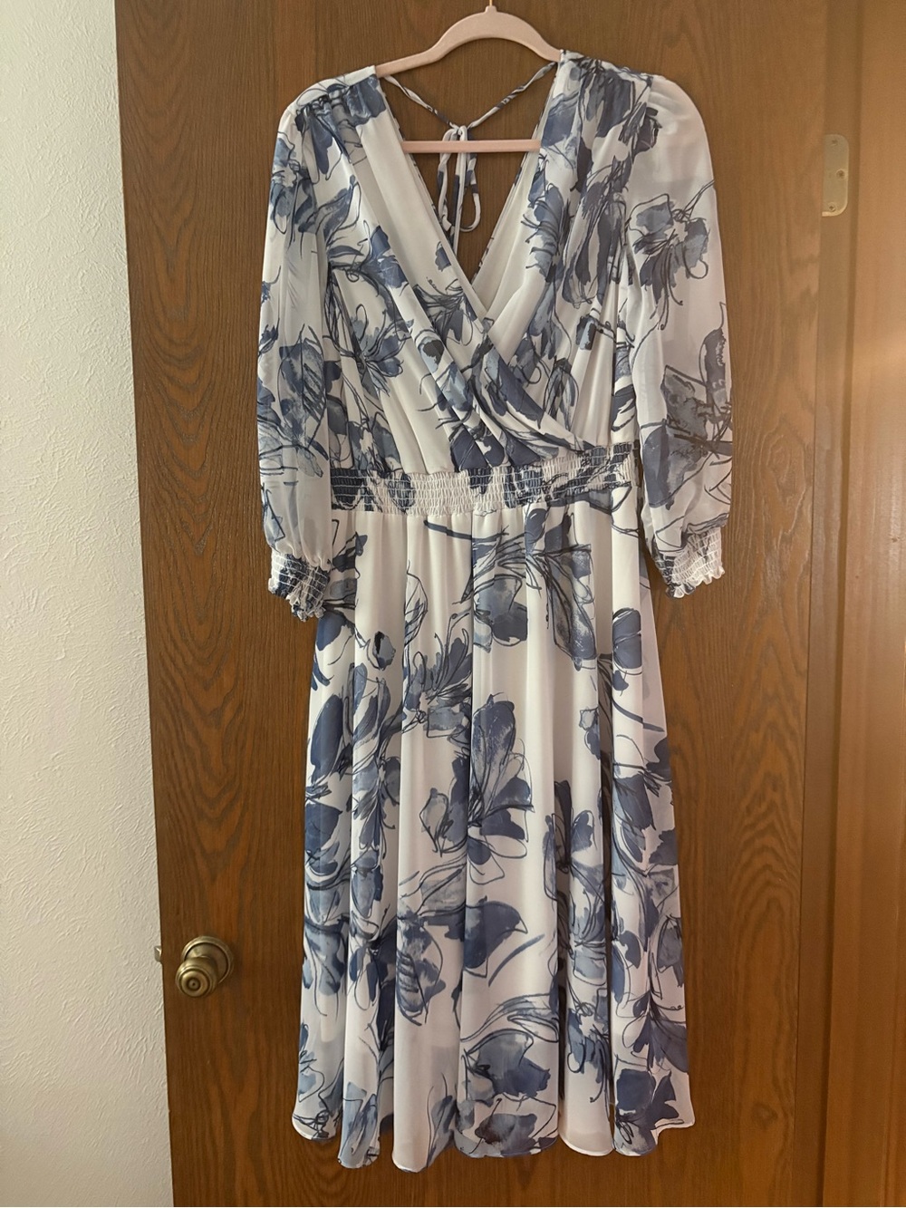 Joseph Ribkoff Blue and White Floral Wrap Midi Dress